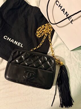 Chanel Black Quilted Patent Leather crossbody camera Bag with Gold Chain